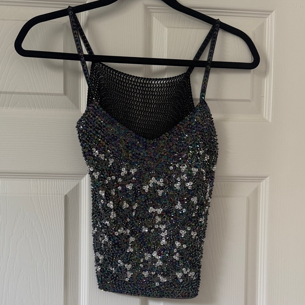 Iridescent Black Sequin Cami with Mesh Inset